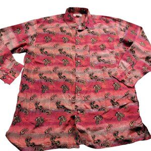 Vintage Bogari Silk Shirt Mens Large Red Black Abstract Paisley Button Up